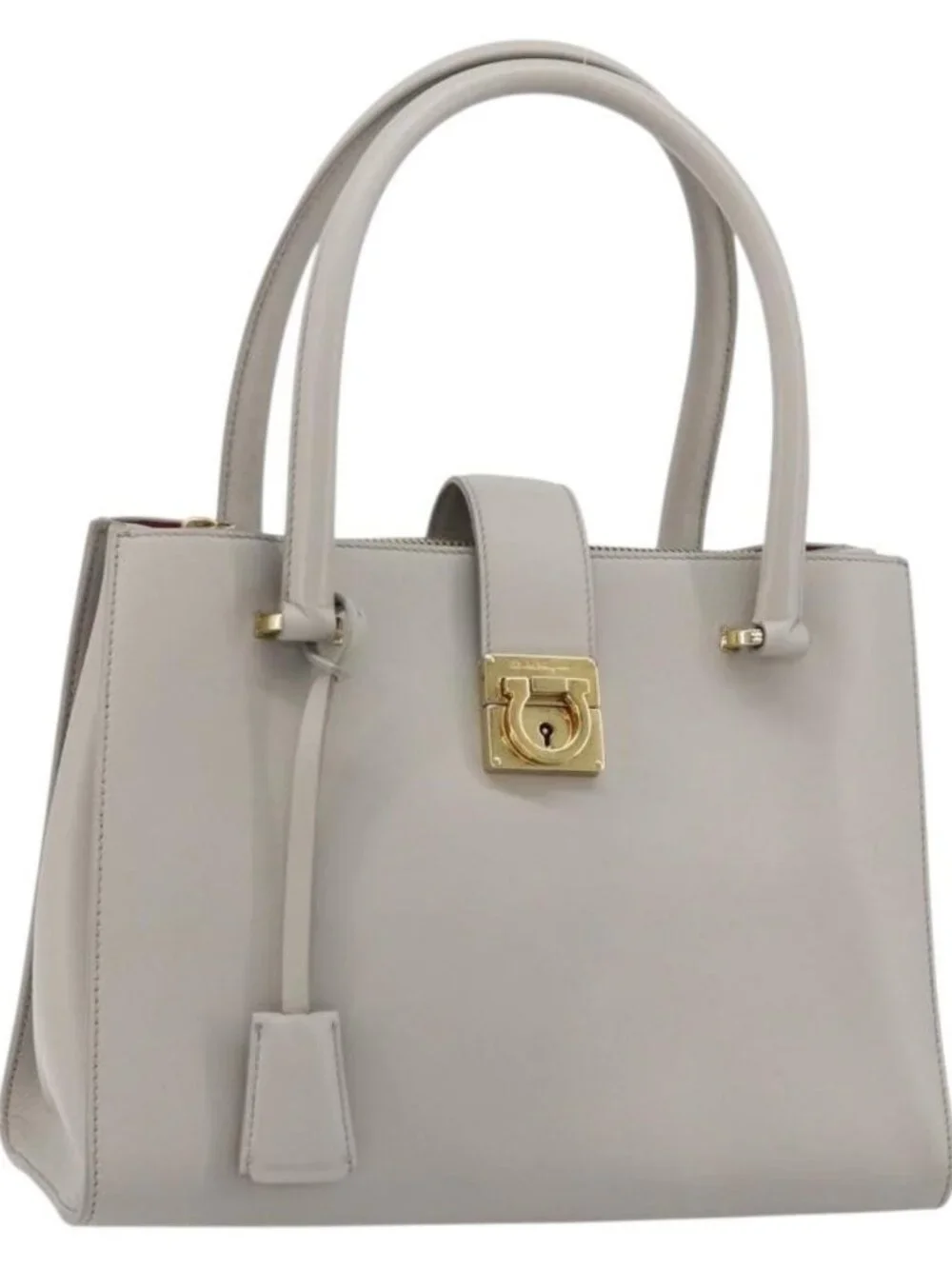 Salvatore Ferragamo Gancini Hand Bag Leather Gray Gold Auth 181831A